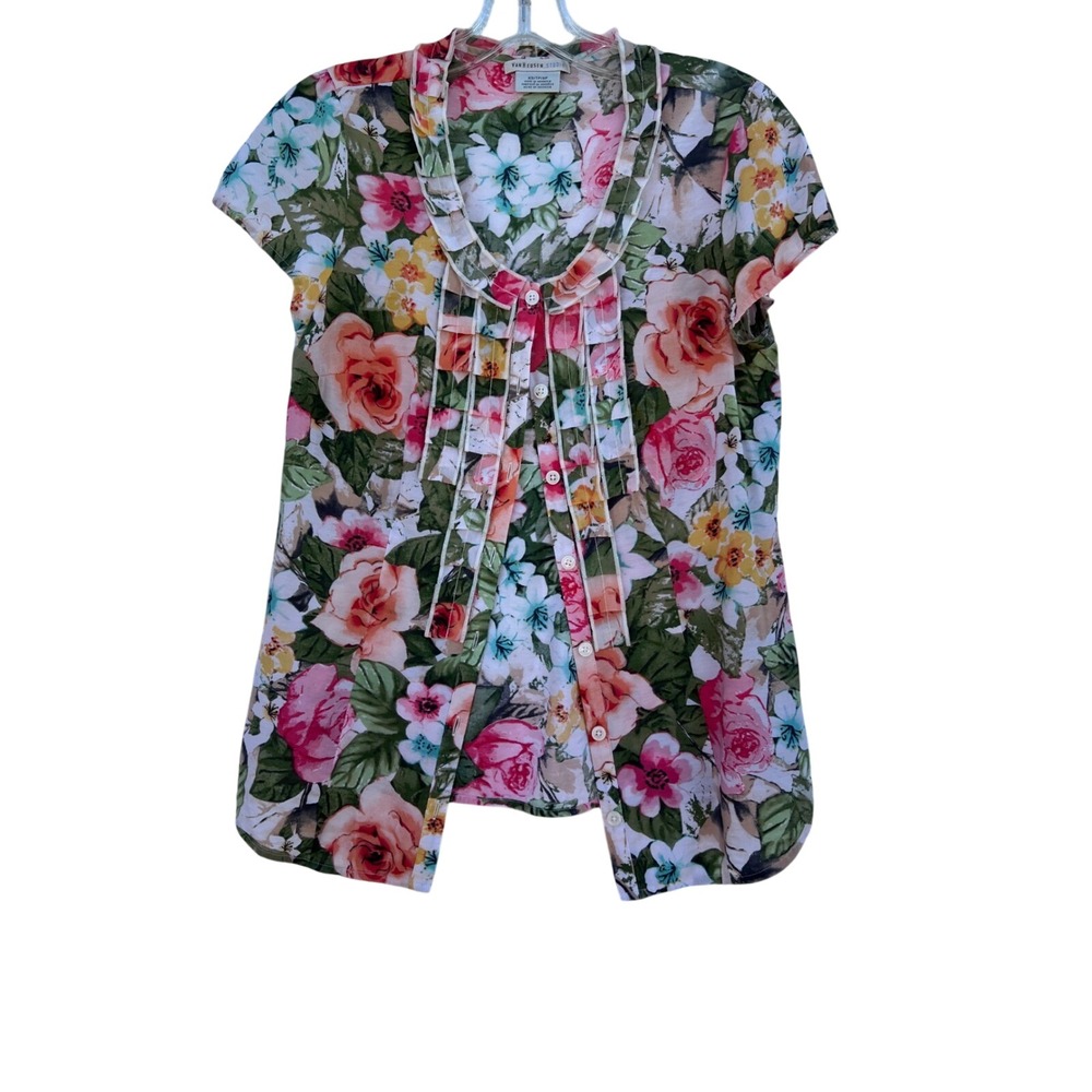 Van Heusen Studio XS Floral Ruffle Button‎ Up Blouse Short Sleeve Pink Green